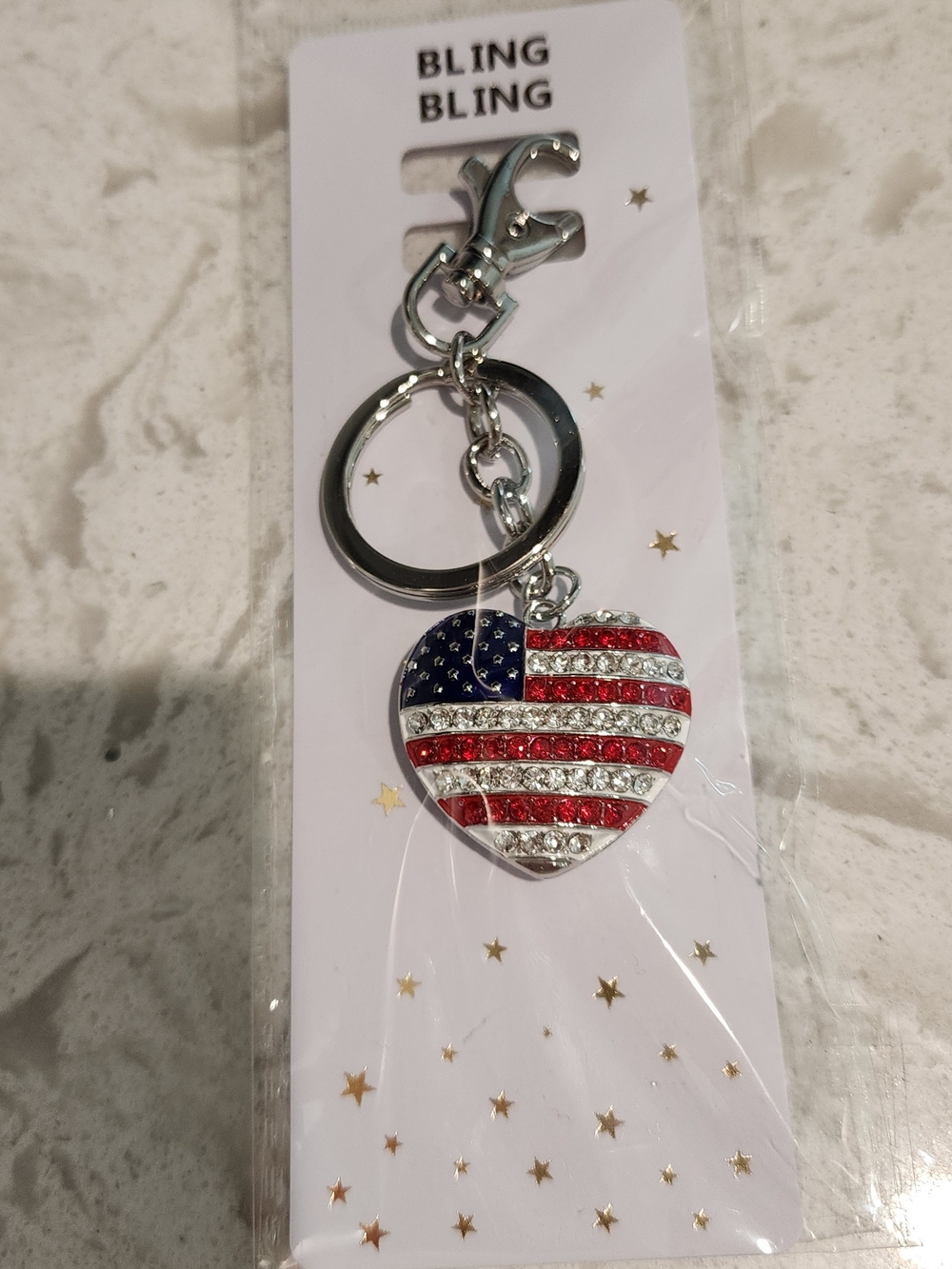 NWT Bling Bling Patriotic American Flag Rhinestone Heart Keychain Purse CharmUSA